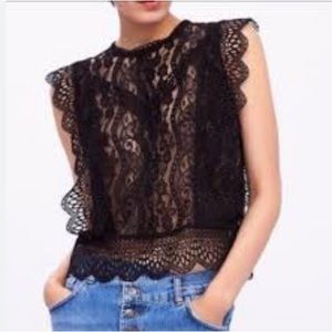 Zara Black Crochet Lace Sheer Top L